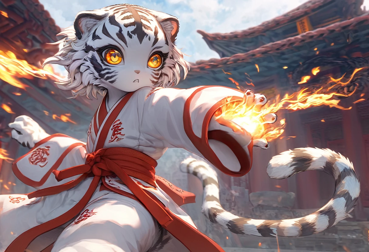 #Quality(8k,best quality,masterpiece,cinematic),#1 girl(white tiger,cute,kawaii,kung-fu uniform ,eye color red,big eyes,eyes burning,dynamic pose,in fight powerful face,sharp teeth,),#background(outdoor,at front of the chinese temple,momentum atmosphere, tense atmosphere )