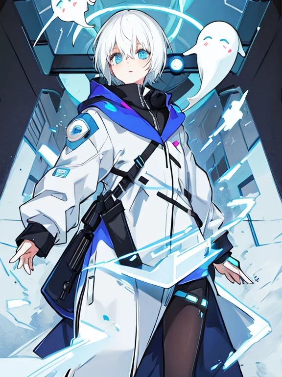 ghost girl, androgynous, white hair, short hair, light blue eyes, cyberpunk, ghost