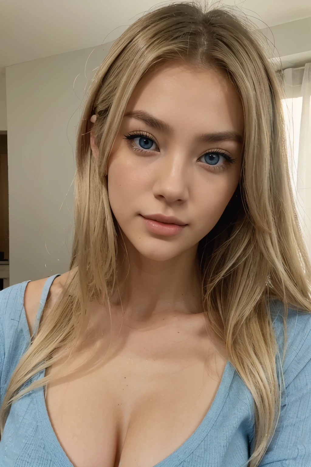 a very pretty and attractive 25 years old with blue eyes, light blonde hair, half asian, very realistic