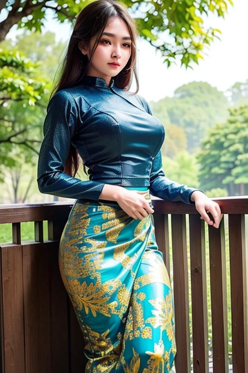 An anime watercolor painting of a girl's beautiful body. Burmese girl , popular on the painting; 8k craft Good detail, full of colors, Intricate detail; Golden ratio high hips, attractive figure illustration, (acmm ls wearing, acmm top, dark green acmm top, long sleeve, acmm long skirt, dark blue acmm long skirt, printed skirt)