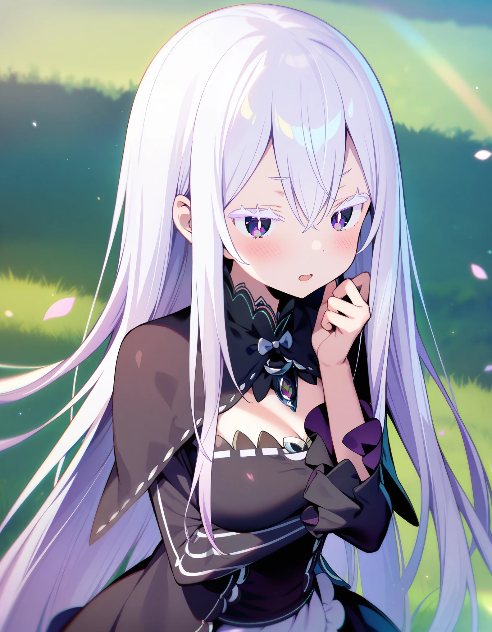 (masterpiece, best quality, very aesthetic, ultra detailed), intricate details, 1girl, echidna \(re:zero\), re:zero kara hajimeru isekai seikatsu, white hair, colored eyelashes, white eyelashes, bright pupils, violet eyes, long hair, sidelocks, black capelet, black dress, layered dress, blush, outdoor, grass background