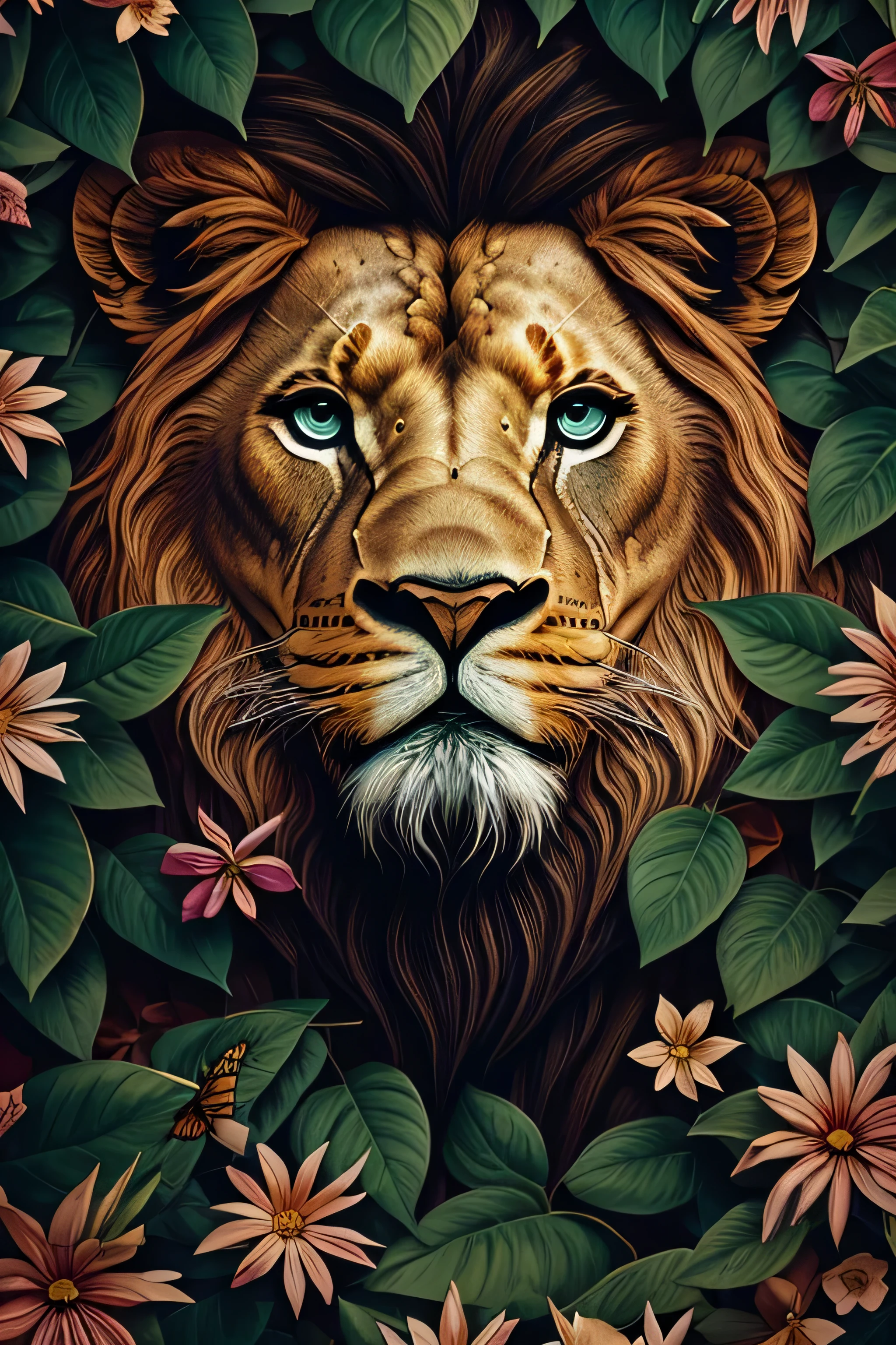 contemporary art collage, lion head,front，With flowers and leaves, some smart insects, painted, super detailed, full color, bright colors, 8K, actual