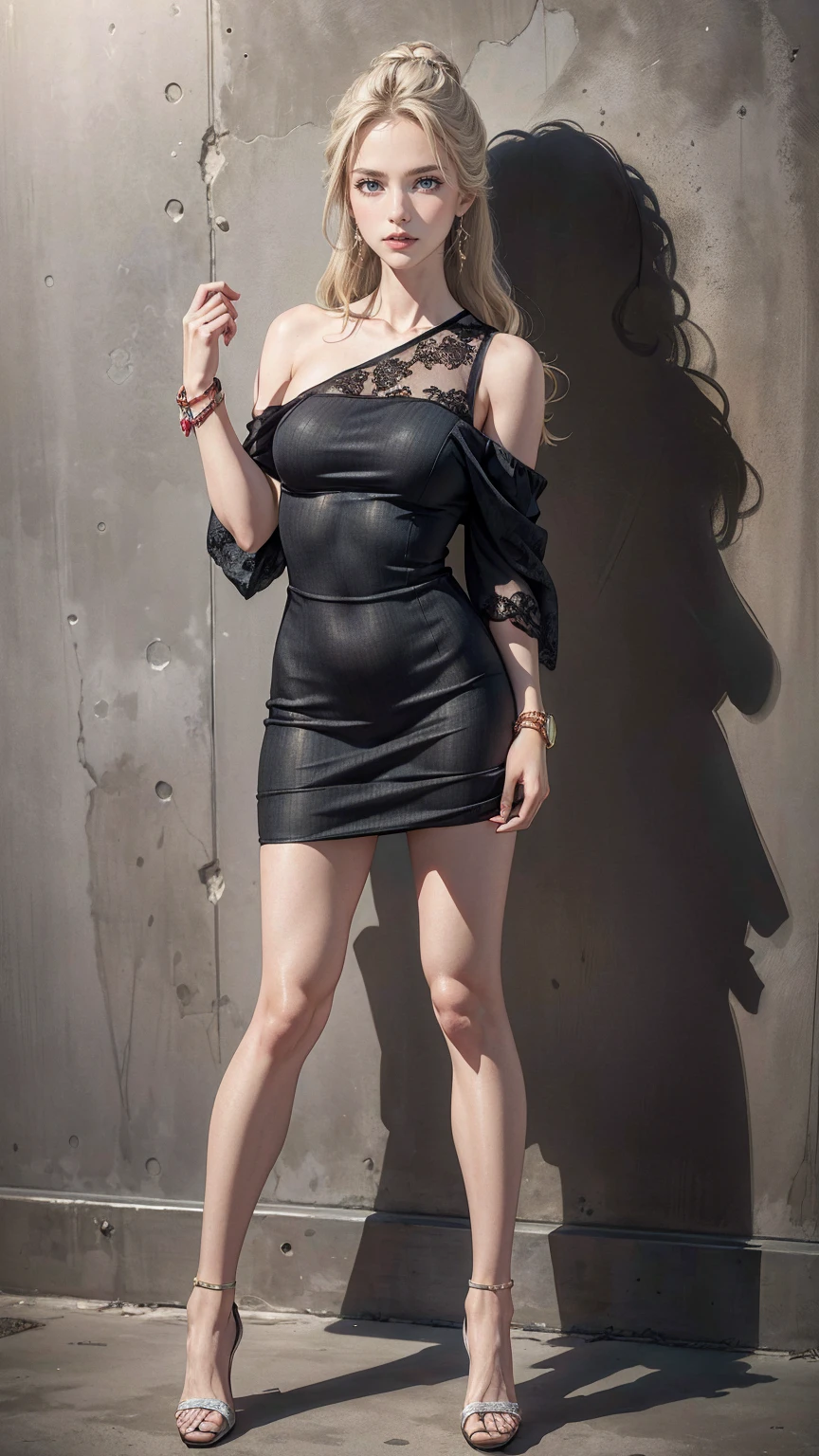 ((最high quality, 8K, masterpiece: 1.3, Ultra HD, high quality, 最high quality, High resolution, realism)) 、(high color saturation:1.0), (highly detailed skin), (最high quality:1.0), (超High resolution:1.0) ,(realistic:1.0), (Super detailed:1.0), (8K, Raw photo:1.1), slender、Slender, muscular body that's toned like an athlete's、25 year old white woman、blue eyes、platinum blonde、long hair、hair is wavy、Accessorize your wrist、wear a one-shoulder dress、I'm in front of an old concrete wall wearing stiletto heels