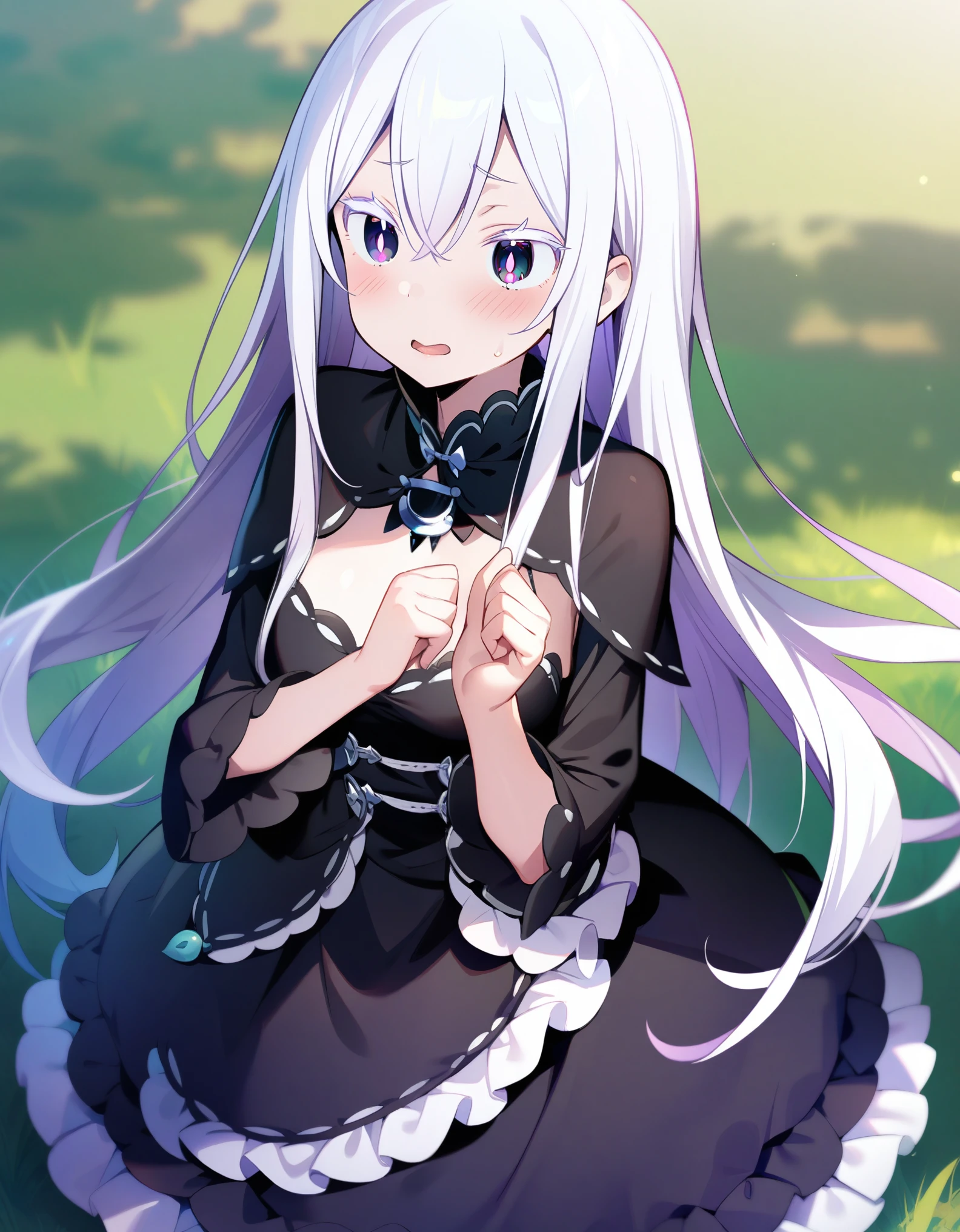 (masterpiece, best quality, very aesthetic, ultra detailed), intricate details, 1girl, echidna \(re:zero\), re:zero kara hajimeru isekai seikatsu, white hair, colored eyelashes, white eyelashes, bright pupils, violet eyes, long hair, sidelocks, black capelet, black dress, layered dress, blush, outdoor, grass background