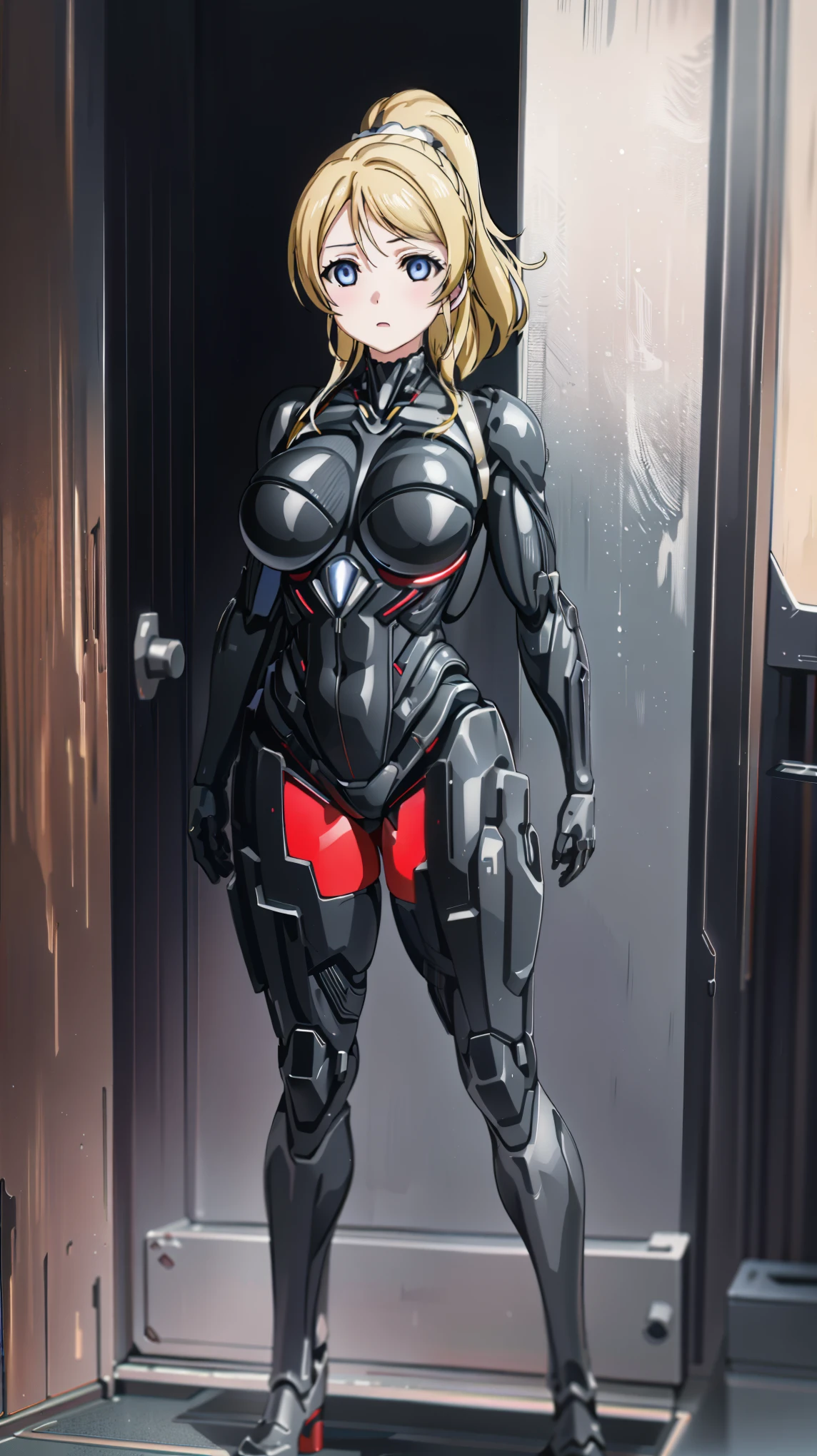 1 girl,Eri Ayase,(lovelive),((huge breasts 1.5)),silver hair,  Shining crimson eyes,absurd, brainwashing,empty eyes, mind control device,((No expression,erasure of emotions)), (black nano suit) , full body figure,(standing in メカnical box:1.5),  (highest quality、4k、8K、High resolution、must have:1.2)、Super detailed、(reality、reality的なです、reality的な:1.37)、ticker、hyper hd、studio lighting、ultra definition paint、sharp focus、Physically based rendering、extreme details、Professional specifications、vibrancy and color、blurry、sports portrait、landscape、horror style、anime big breasts、SF、photograph、concept artist、five fingers, perfect body,  {{{masterpiece}}}, {{{highest quality}}}, {{Super detailed}}, {shape}, {{very delicate and beautiful}},Improved cost performance、all roles、Canon 5D MK4でphotograph、photograph, 