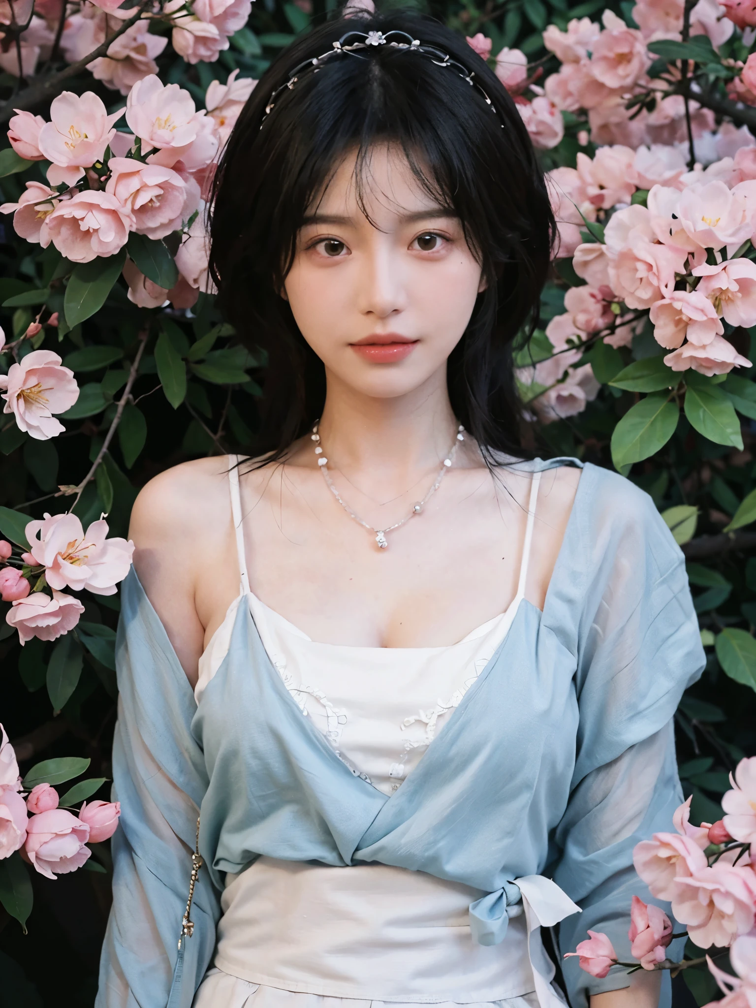 best quality, ultra high resolution, (realistically:1.4), Cute tiara,Baoyu Girl, A pair of clear and charming peach blossom eyes,Royal sister,The sun shines on the face,Long curly hair,(in the cherry blossom tree:1.4),(necklace:1.2),(White skin:1.4),(Full body female love:1.2)a sense of atmosphere,a beautiful girl,Looking directly at the viewer, Close-up cleavage ,(lifelike:1.4),2 girls,Sexy,(Upper body:1.4),(wet),(:1.2)