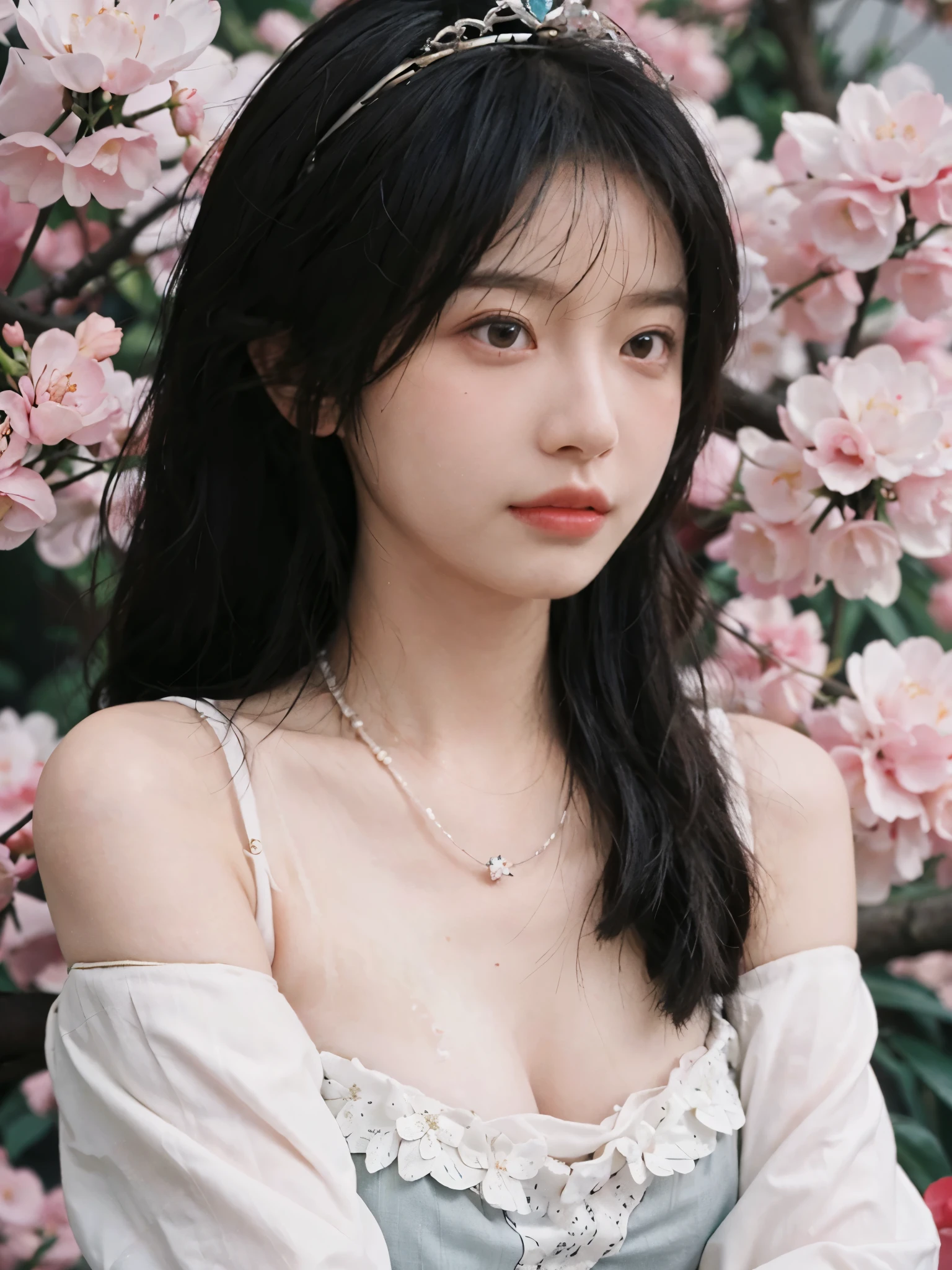 best quality， ultra high resolution， （realistically：1.4）， Cute tiara，Baoyu Girl， A pair of clear and charming peach blossom eyes,Royal sister，The sun shines on the face，Long curly hair，（in the cherry blossom tree：1.4），（necklace：1.2），（White skin：1.4），（Full body female love：1.2）a sense of atmosphere，a beautiful girl，Looking directly at the viewer， Close-up cleavage ，(lifelike:1.4),2 girls,Sexy,(Upper body:1.4),(wet),(:1.2)