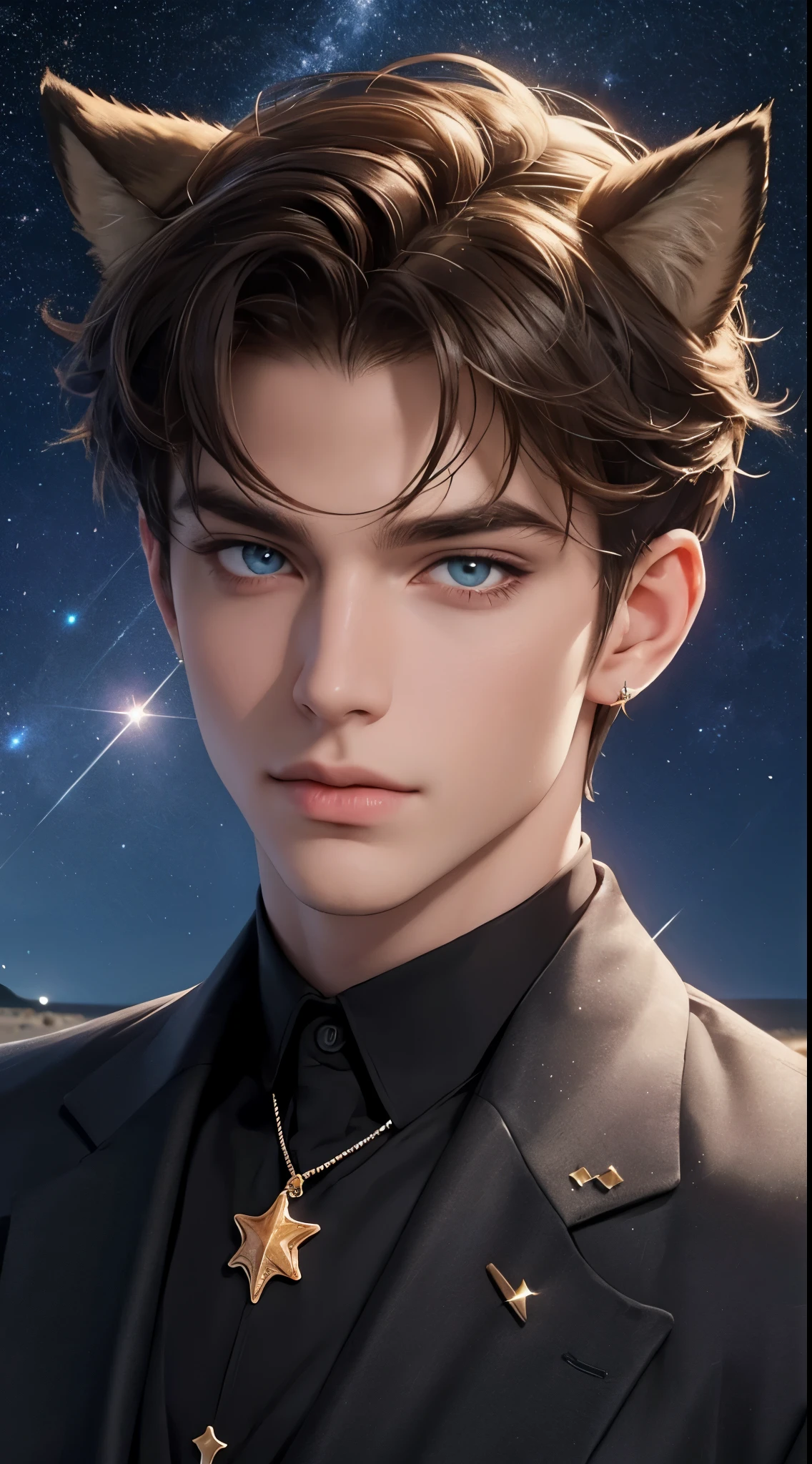 4K, High resolution, best quality, masterpiece, perfect color, perfect shade, perfect lighting, Posted by:e621, ((portrait)), ((handsome man)), perfect male figure, Short hair details,Detailed face, perfect face, (stand up), Detailed background, ((Bonifasco Lighting)), (exquisite eyes),((Animal ears)),((Hair like stars,sparkling)),starry sky,sea,beach