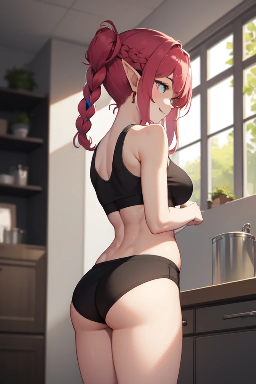((best quality)), ((masterpiece)), (detailed), perfect face, elf, pointy ears, tall, slim, alone, happy, psychedelic colored hair, braids, athletic, abs, beautiful ass, beautiful breasts, Tank top