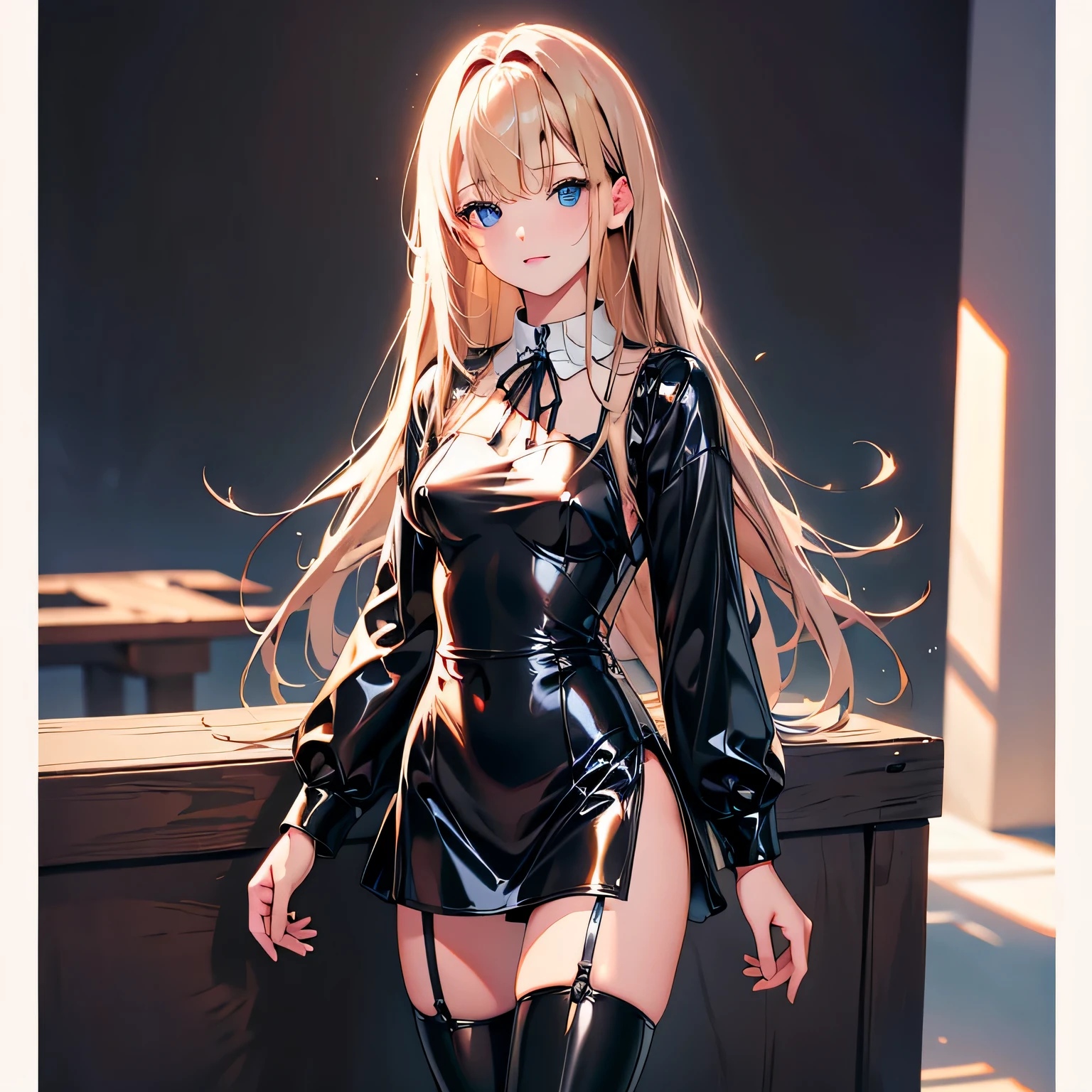 1girl, absurdres, high res, ultrasharp, 8K, masterpiece, looking at viewer, thighs, breasts, big breasts, underboob, medium hair, blonde hair, purple eyes, black skirt, earings, lifting skirt