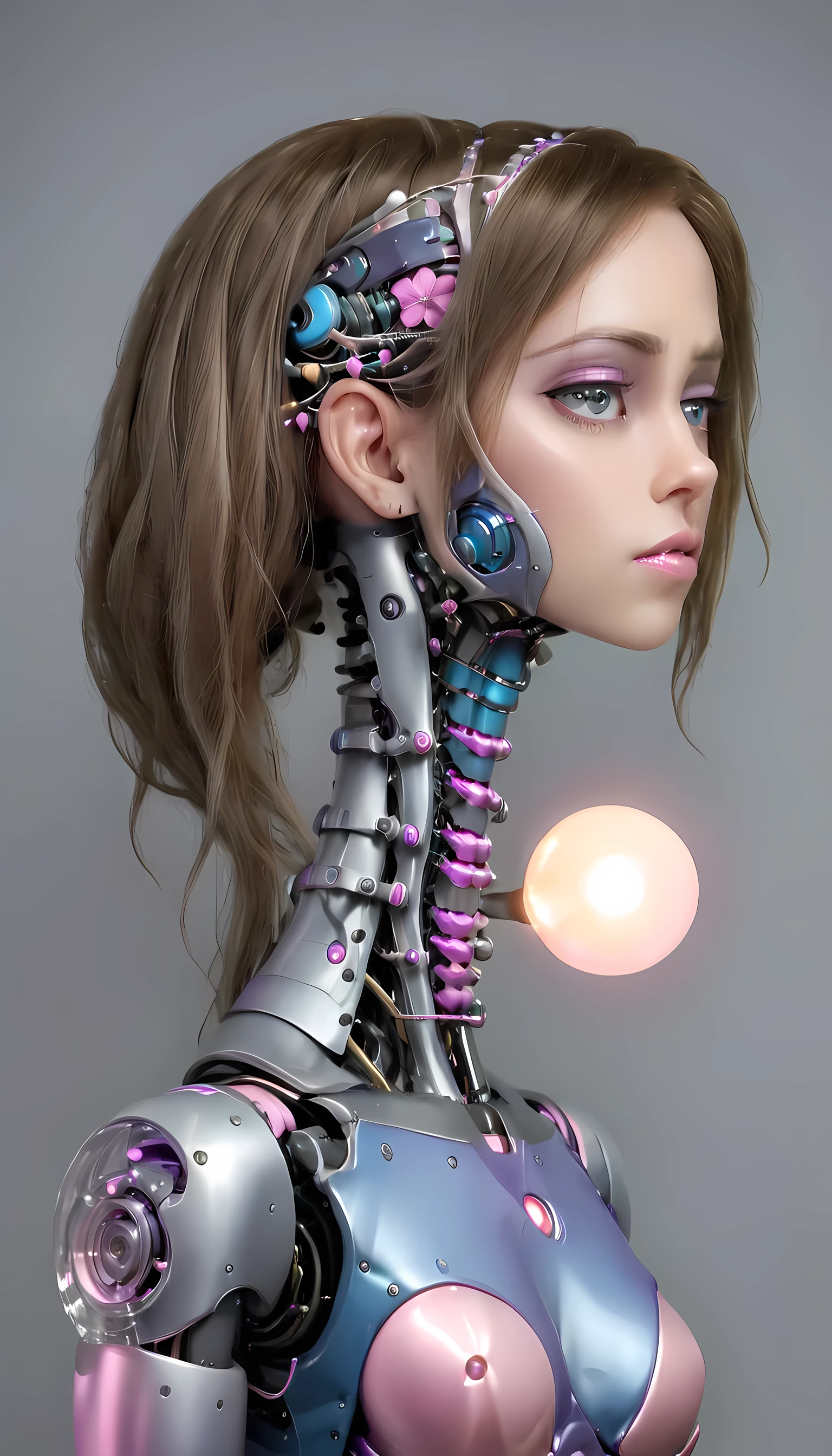 jessicagraham, (Complex Professional 3D rendering:1.3) of (Ultra detailed:1.3) side profile, xray diagram deconstruction of a cyborg brain to machine interface, extended neck, glowing lights, Highly detailed, Depth, Many parts, Lumen render, 8k x-ray style translucent bald head, clear skin, synthetic bone, purple pink and blue Xray style on a grey background covered in geometric patterns,CGSociety,ArtStation