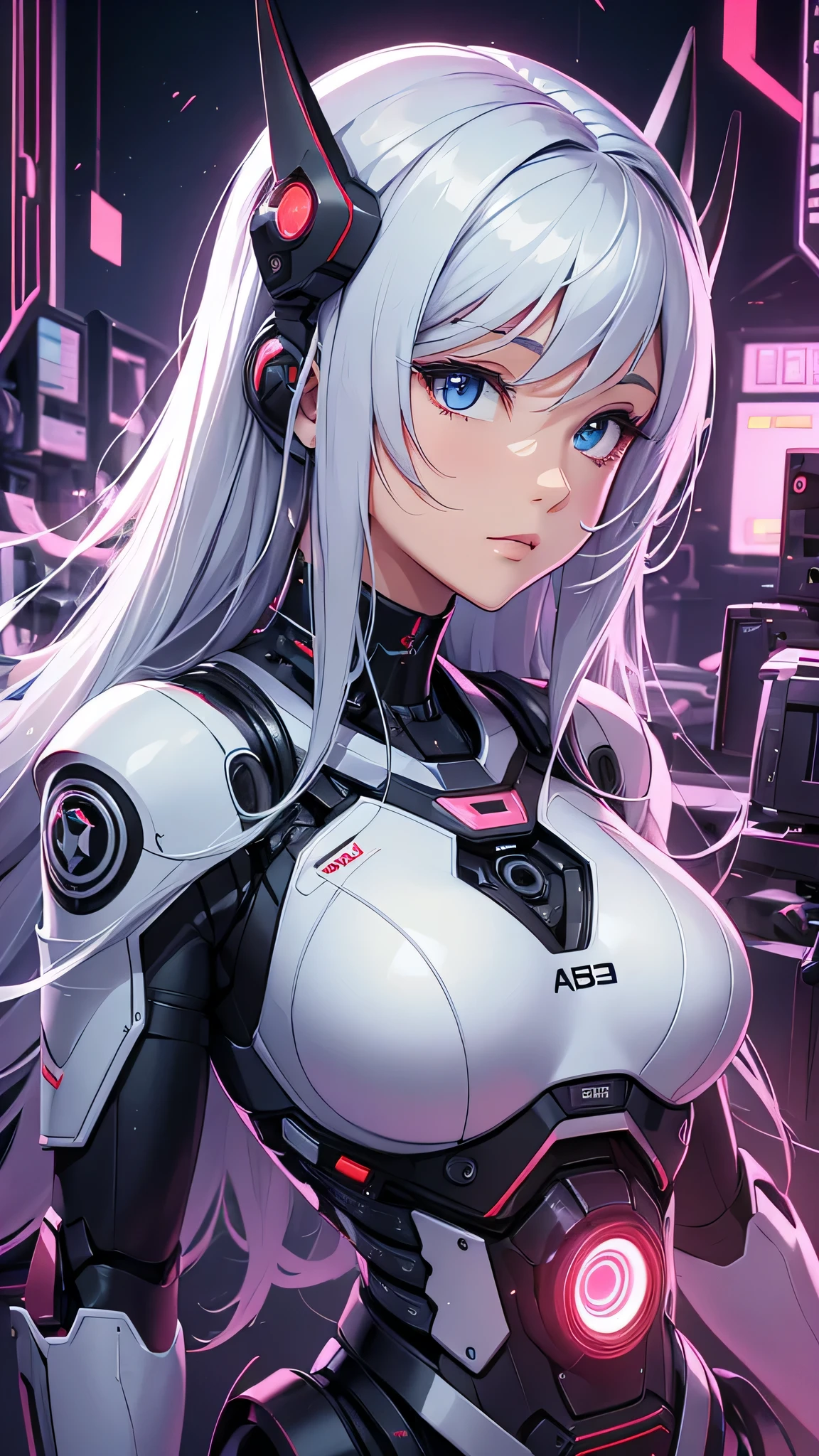 最high quality、best image quality、masterpiece、android girl((18-year-old、 By becoming、vest bust、medium bust,wide open breast tea、shining eyes, water hair、messy hair、long hair、thin,highest valley、white robot body、shining blue body、Close ~ eyes、Connected to many cables、Show the whole body、robot arm、robot feet)),high quality、beautiful art、background((Dark Research Facility、white smoke、high performance chair、Infrared Sensor、red lighting))、Flight、debris flies、Depth of written boundary、movie、visual art、perfect art、8K,genuine、