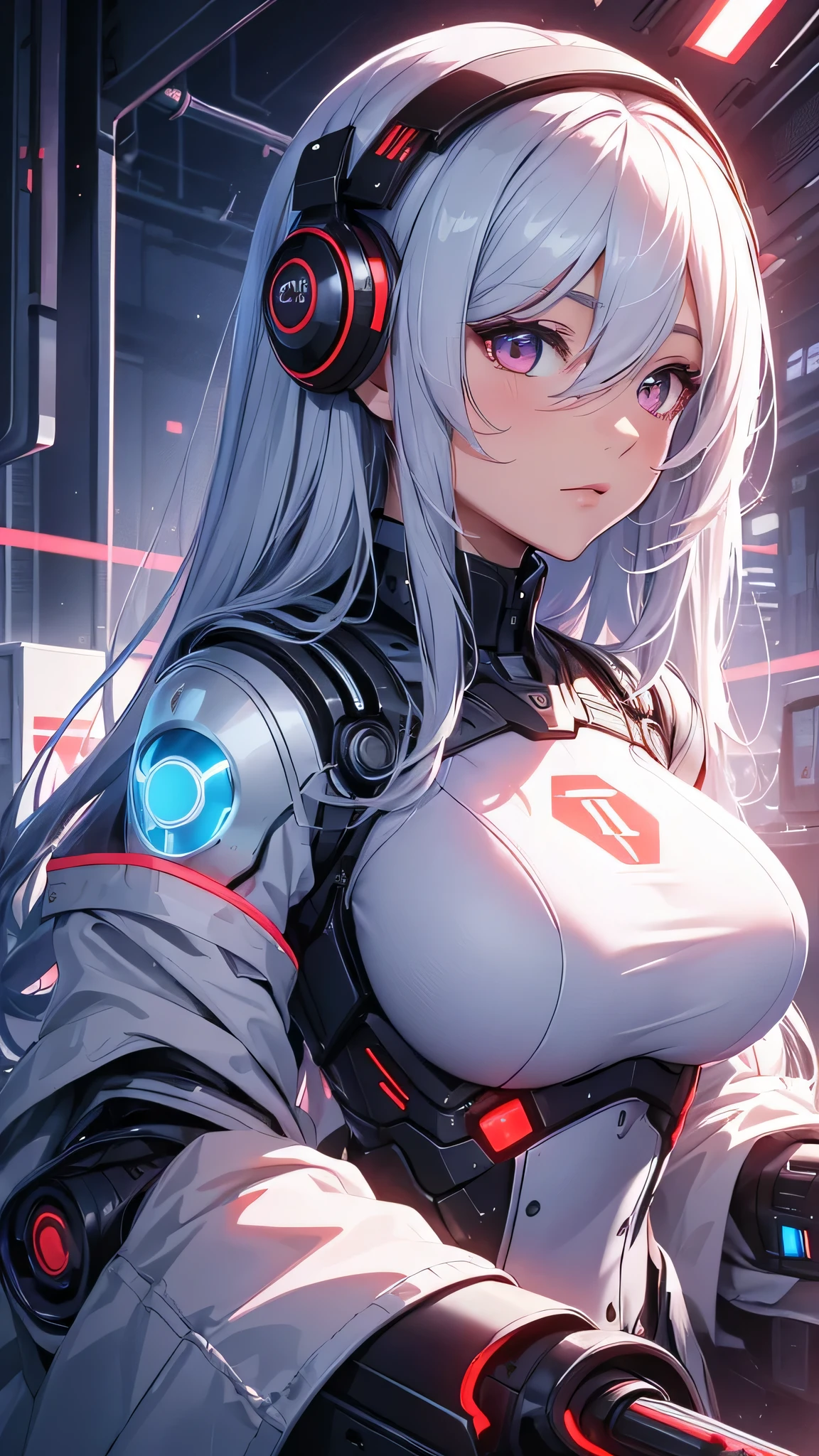 最high quality、best image quality、masterpiece、android girl((18-year-old、 By becoming、vest bust、medium bust,wide open breast tea、shining eyes, water hair、messy hair、long hair、thin,highest valley、white robot body、shining blue body、Close ~ eyes、Connected to many cables、Show the whole body、robot arm、robot feet)),high quality、beautiful art、background((Dark Research Facility、white smoke、high performance chair、Infrared Sensor、red lighting))、Flight、debris flies、Depth of written boundary、movie、visual art、perfect art、8K,genuine、