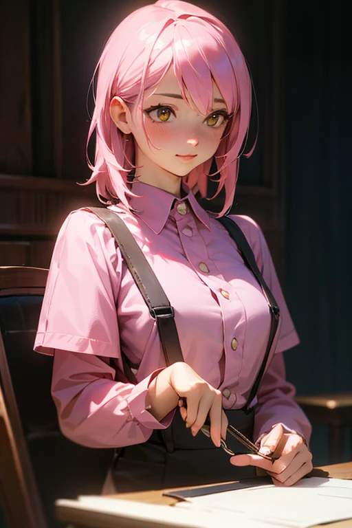 (8K, Raw photo, highest quality, masterpiece), ultra high resolution, (realistic, photo-realistic), 1 girl, emotionless, alone, pink hair, yellow eyes, professional lighting, detailed lighting, Backlight, Depth of the bounds written, Natural light, sharp focus, Shooting distance 2 meters, professional photography, fine eyes, realistic eyes, detailed shadow, CG game, cosplay, pink clothes with arm ring, suspenders, Upper body, pink clothes, medium breasts、smile、