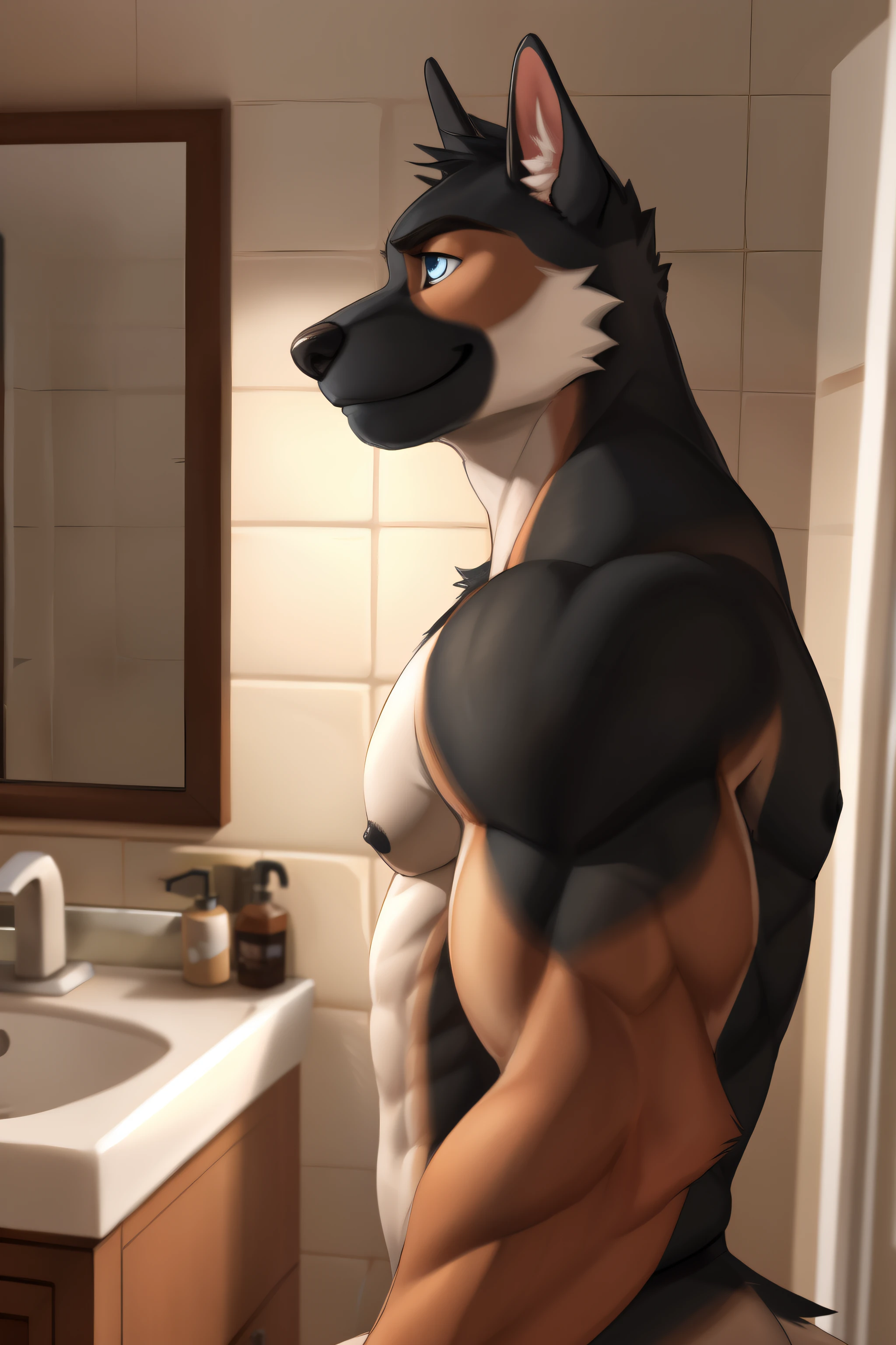 Barlic, Blue eyes, black fur, muscular man, (soft shading), 4K, it&#39;s empty here, ((detailed face, detailed)), от zackary911, from Sausch, (for dating:0.5), portrait, upper body, focus on the face, smile, Bathroom, mirror, naked upper body, side view, black nipples, penis, balls,