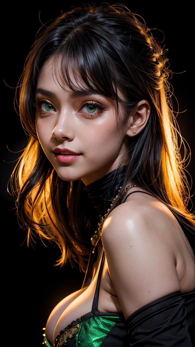 vector image, vibrant colours, smooth gradation, best quality, masterpiece, absurdres, ((isolated)), (pitch black background), (detailed face and eyes:1.2), sweet smile, detailed beautiful eyes, eyelashes, glossy full lips, sensual, volumetric lights, medium shot, half body shot, busty, full cleavage, deep cleavage, curvaceous, Unimaginably beautiful girl, enchanting, glistening skin, burst out breast, tinted green and golden back lights, smoky big eyes, ((****))