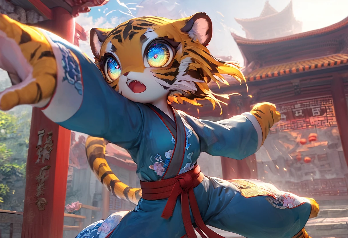 #Quality(8k,best quality,masterpiece,cinematic),#1 girl(wellow tiger,cute,kawaii,kung-fu uniform ,eye color blue,big eyes,eyes shining,dynamic pose,in fight,shouting face,open mouth,sharp teeth,),#background(outdoor,at front of the chinese temple,momentum atmosphere, tense atmosphere ),long shot