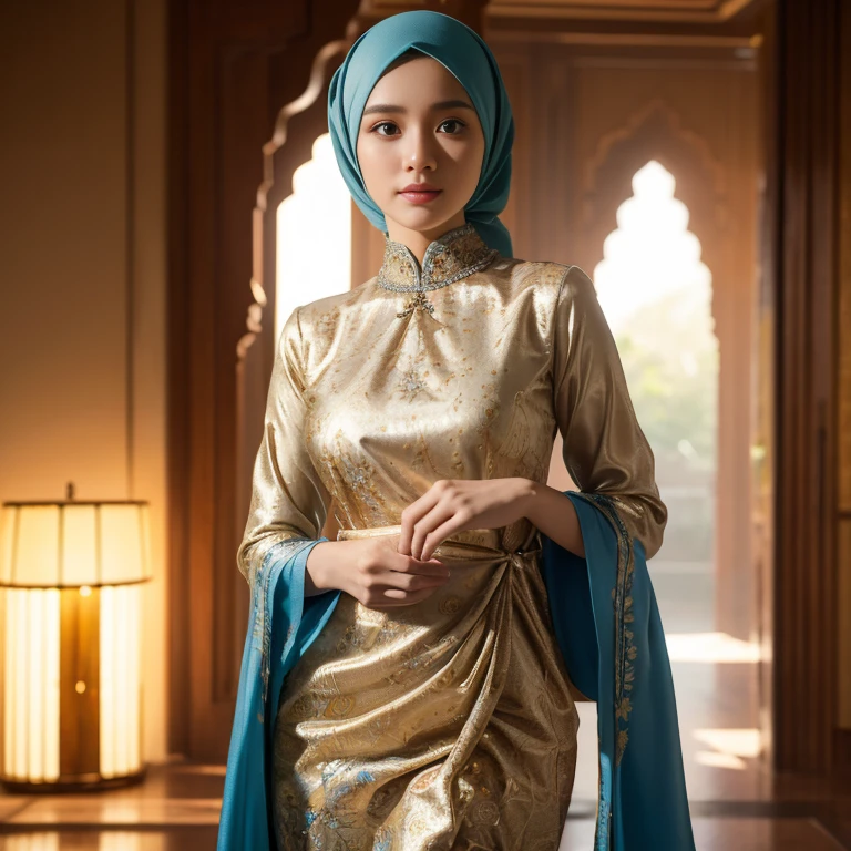 Best quality, masterpiece, realistic photos, intricate details, original photos, wearing traditional baju kurung, photon rendering, octane rendering, ridiculous, ultra-detailed, detailed faces, detailed skins, trends on artstation, 8k masterpieces, cinematic lighting, ((1girl)), ((solo)), firm rounded breasts, huge breasts, slim and slender body, long hijab, eid mubarak in malay village, half body