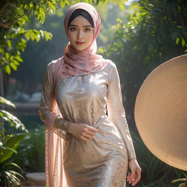 Best quality, masterpiece, realistic photos, intricate details, original photos, wearing traditional baju kurung, photon rendering, octane rendering, ridiculous, ultra-detailed, detailed faces, detailed skins, trends on artstation, 8k masterpieces, cinematic lighting, ((1girl)), ((solo)), firm rounded breasts, huge breasts, slim and slender body, long hijab, eid mubarak in malay village, half body