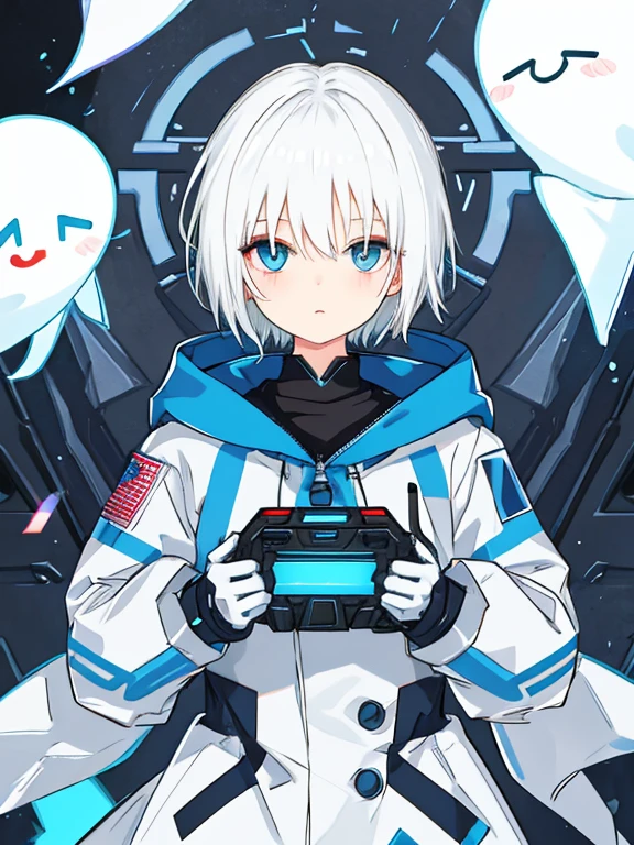dead girl, androgynous, white hair, short hair, light blue eyes, cyberpunk, ghost