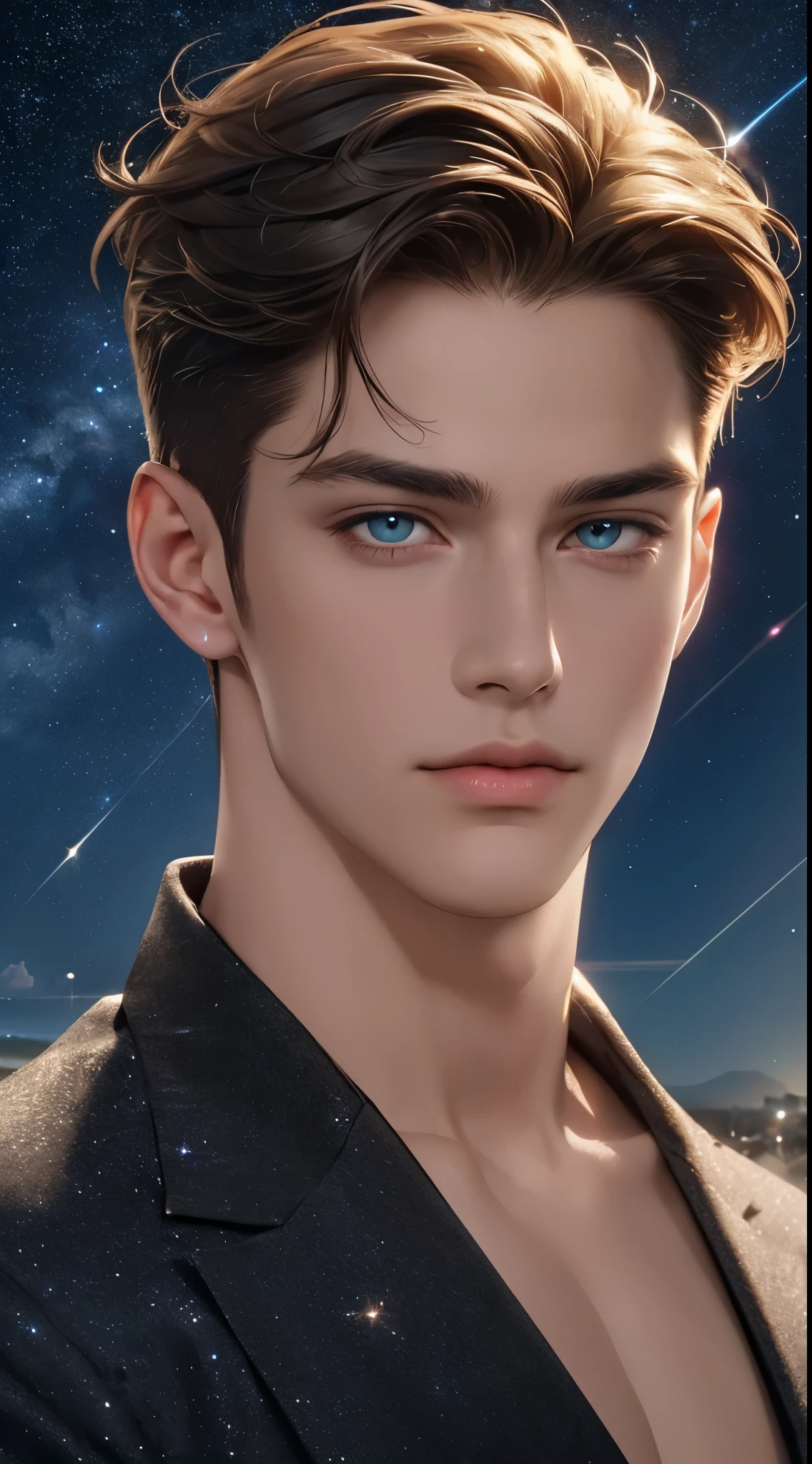 4K, High resolution, best quality, masterpiece, perfect color, perfect shade, perfect lighting, Posted by:e621, ((portrait)), ((handsome man)), perfect male figure, Short hair details,Detailed face, perfect face, (stand up), Detailed background, ((Bonifasco Lighting)), (exquisite eyes),((Hair like stars,sparkling)),starry sky,sea,beach