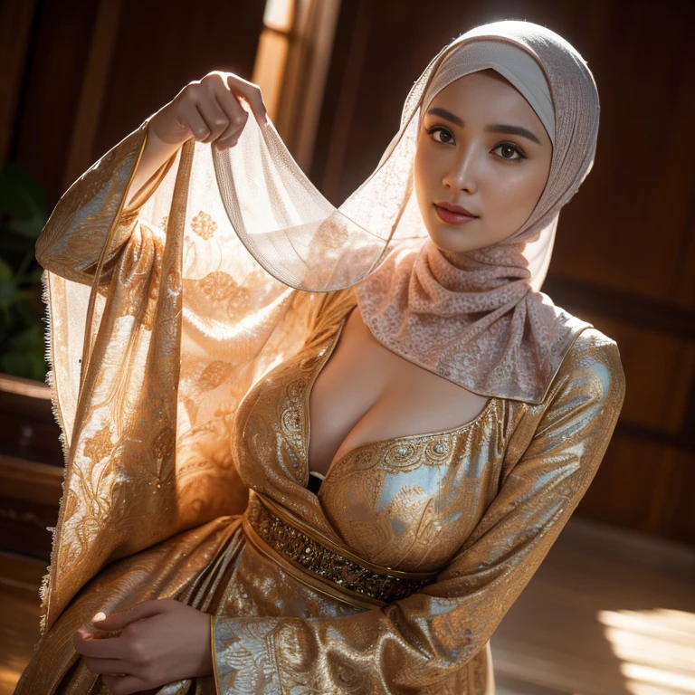 Best quality, masterpiece, realistic photos, intricate details, original photos, wearing traditional baju kurung, photon rendering, octane rendering, ridiculous, ultra-detailed, detailed faces, detailed skins, trends on artstation, 8k masterpieces, cinematic lighting, ((1girl)), ((solo)), firm push-up breasts, big breasts, slim and slender body, long hijab, eid mubarak in malay village, half body