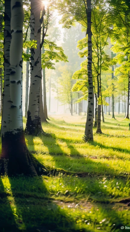 ((Best quality)), ((masterpiece)), (detailed),tyndal effect of sunlight, penetrating trees, nature of central Russia, Birch Grove, early morning, ultra-clear images, sharp focus 