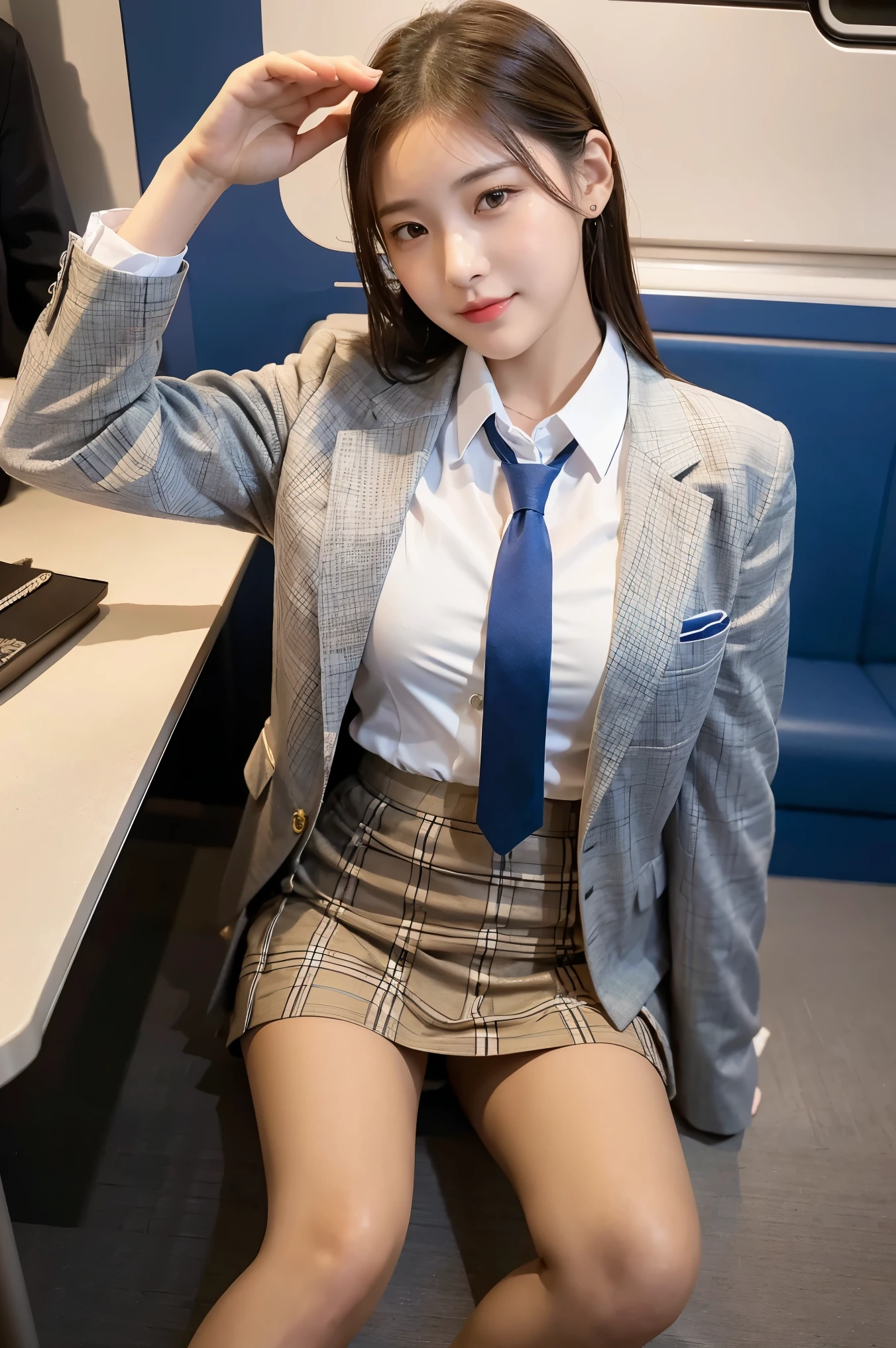 (8K), (highest quality: 1.2), (realistic), (realistic: 1.37), ultra high resolution, 1 girl, cute, smile, closed mouth, beautiful details, beautiful nose, wet hair, giant dulcefo, pork, thighs,Self snap,University Student Uniform,Sitting on a Tokyo train,simple blazer,pleated skirt,(The pattern of the skirt and tie is a tartan check pattern..:1.3),cross your legs, From above,thighs
