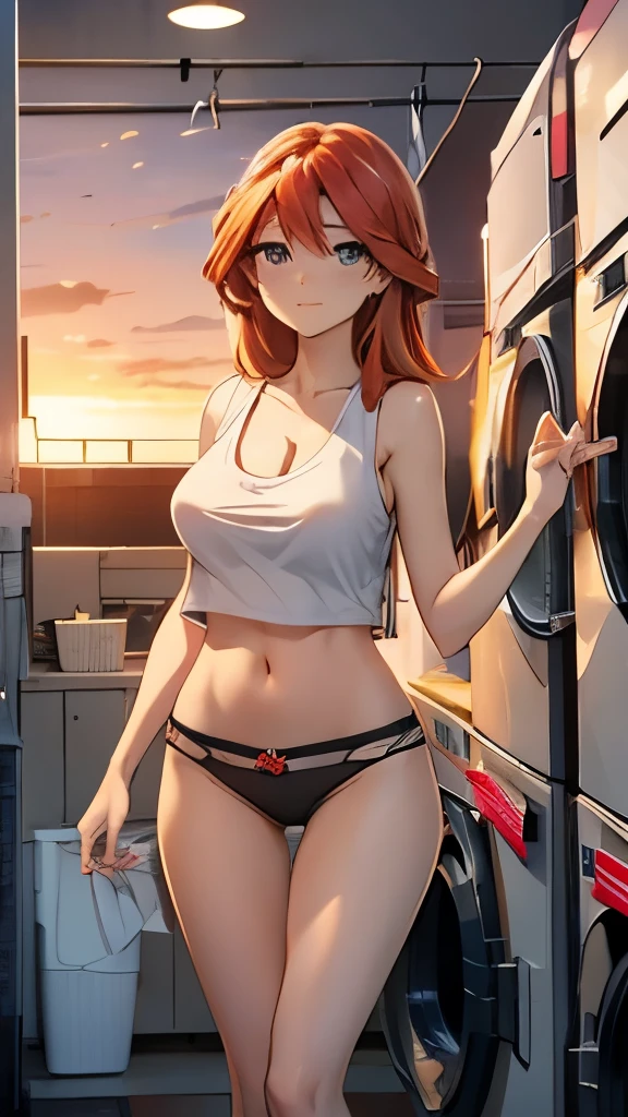 sunset shimmer, medium breasts, naked, white tank top, pokies, black panties, laundromat, washing machines, dryers