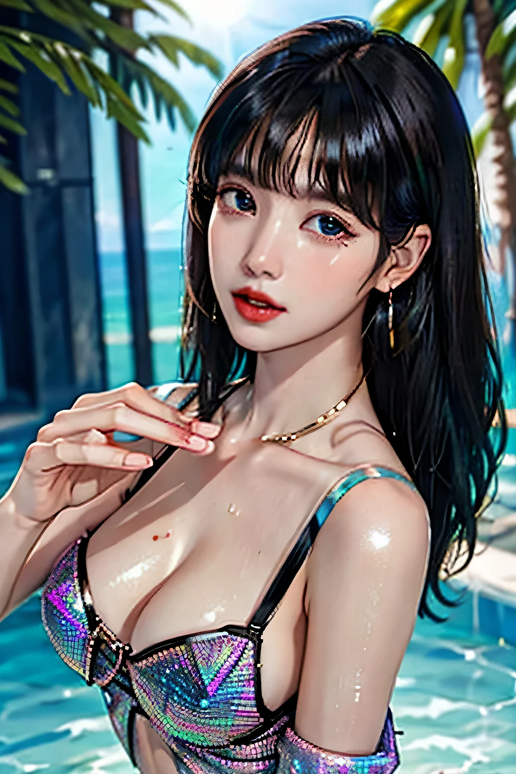 (((NSFW))), born, 1 girl, colorful, (masterpiece, highest quality), cowboy shot, (fine skin:1.3, detailed face:1.3), Digital single-lens reflex camera, realistic, wave hands, looking at the viewer, sharp focus, delicate, (korean beauty, korean mixed:1.2), (Glossy skin + shiny skin:1.4), (sweaty:1.1), (big breasts:1.2, thick thighs:1.1, narrow :1.1), (black_hair, lupong hair, straight hair:1.3), (big_eye, Brown_eye), red_eyehadow, lupong_eyelash, red lips, eye_笑face, stud earrings, (holographic iridescent metallic black latex swimsuit:1.4), beach, Day, (Day light_upon_frupont_face:1.3),(((thin waist)))，erect nipples