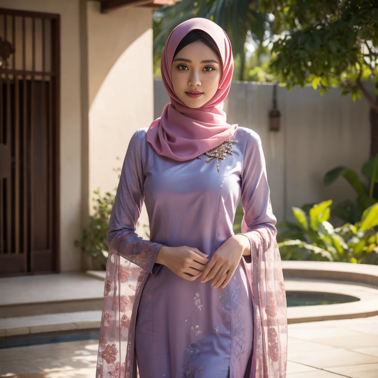 Best quality, masterpiece, realistic photos, intricate details, original photos, wearing traditional baju kurung, photon rendering, octane rendering, ridiculous, ultra-detailed, detailed faces, detailed skins, trends on artstation, 8k masterpieces, cinematic lighting, ((1girl)), ((solo)), firm push-up breasts, modest breasts, slim and slender body, long hijab, eid mubarak in malay village, half body