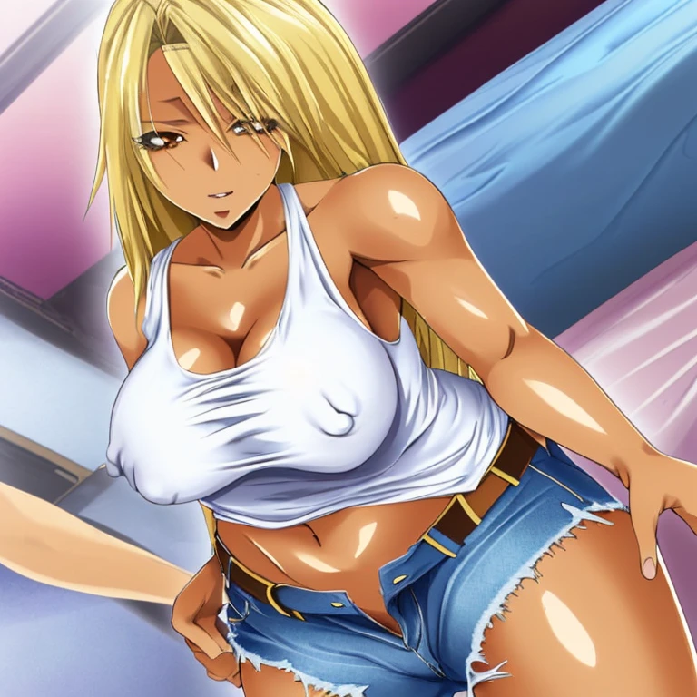 One beautiful woman, Fascinated face, Beautiful anime face, Blonde, Long hair, Police hat, White tank top, Transparent breasts, Navel visible, Sexy pose, Nice body, Torn denim shorts, crotch emphasis, Bedroom, Super high quality, Masterpiece