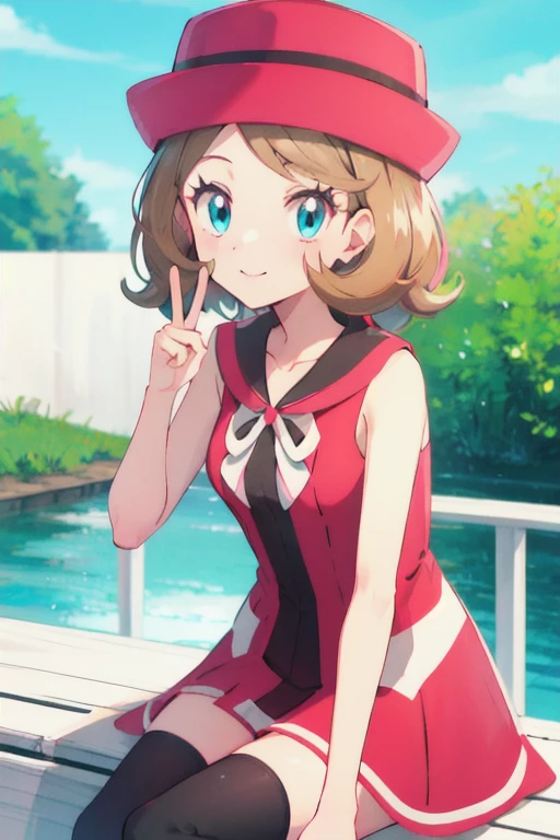 masterpiece, best quality, highres, serena \(pokemon\), short hair, blue eyes, 1girl, solo, blue ribbon, eyelashes, black thighhighs, neck ribbon, sleeveless, bangs, collarbone, bare arms, pink dress, red coat, pink headwear, outdoors, sitting, peace_sign,