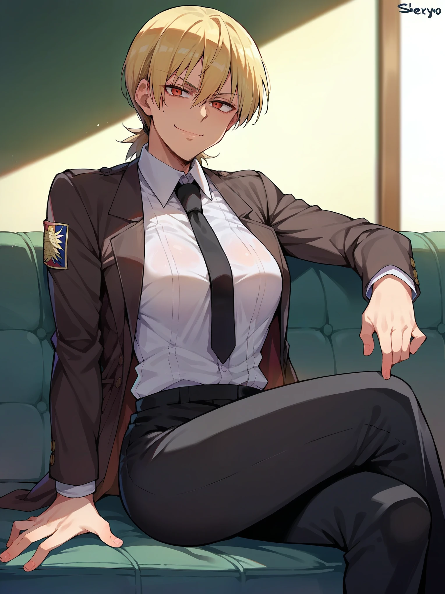 score_9, score_8_up, score_7_up, source_fumo, solo, 1girl, hellsing, formal, suit, black jacket, black necktie, long sleeves, black pants, shexyo, shexyo style, smirk, smug, sitting, couch, closed mouth, boob window