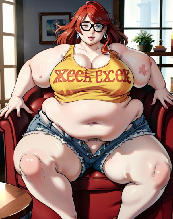 (best quality), (masterpiece, 4k ,ultra detailed:1.2), (beautiful mature woman), grin, blue eyes, earrings, long hair, curly hair, redhead hair, small breasts, ((detailed face)), ((beautiful face)), blush, (tank top:1.5), (low-waist shorts:1.4), stomach, (obese, thick thighs, gigantic belly:1.6), belly hang over, thick arms, WeightImmobile, (fat rolls:1.3), pile of food, sitting on chair, table,