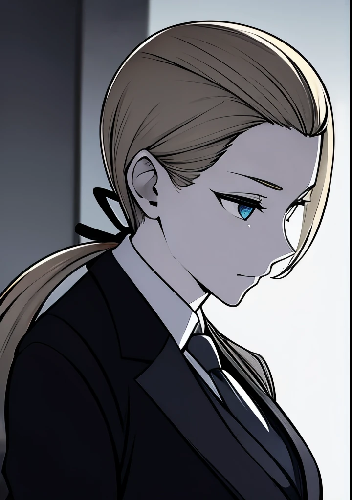 One Young Adult female, pale blonde slicked back into a short ponytail with a single bang on the left hand side, steel blue eyes, light and carefree expression, wearing black suit jacket and tie, portrait style, facing forwards