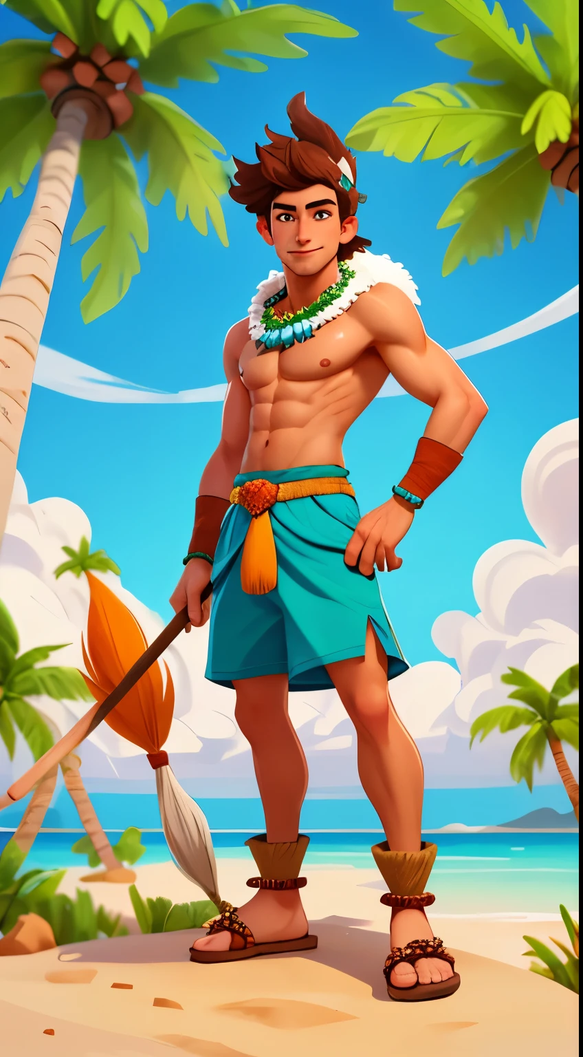 Denver, 1 male，handsome face，Perfect body，Disney art style，face, looking at the audience,naughty，Wearing animal fur，primitive tribe，headgear，totem，hula spear，coconut tree,desert island