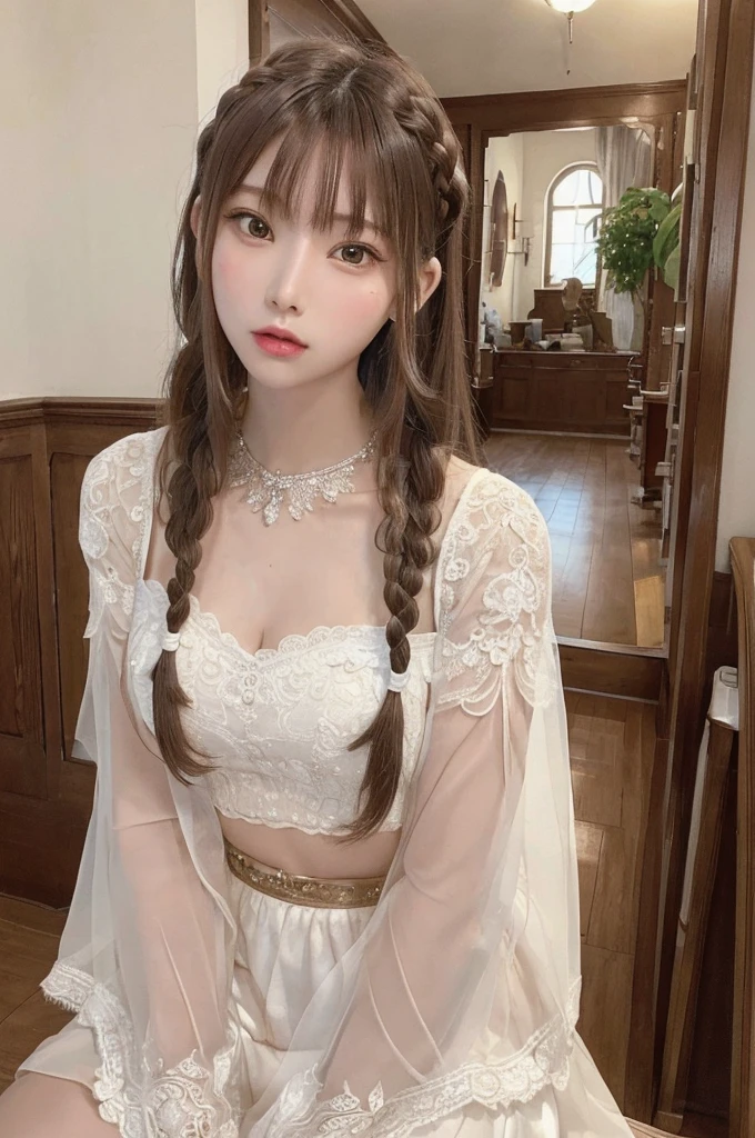 masterpiece, highest quality, High resolution,super detailed, amazingly beautiful woman,１girl girl, (beautiful girl, Delicate girl:1.4),break, (21 years old:1.4), break, Twenties, straight, full body, looking at the viewer,  hair ornaments, brown hair, twin braids,  bangs, 