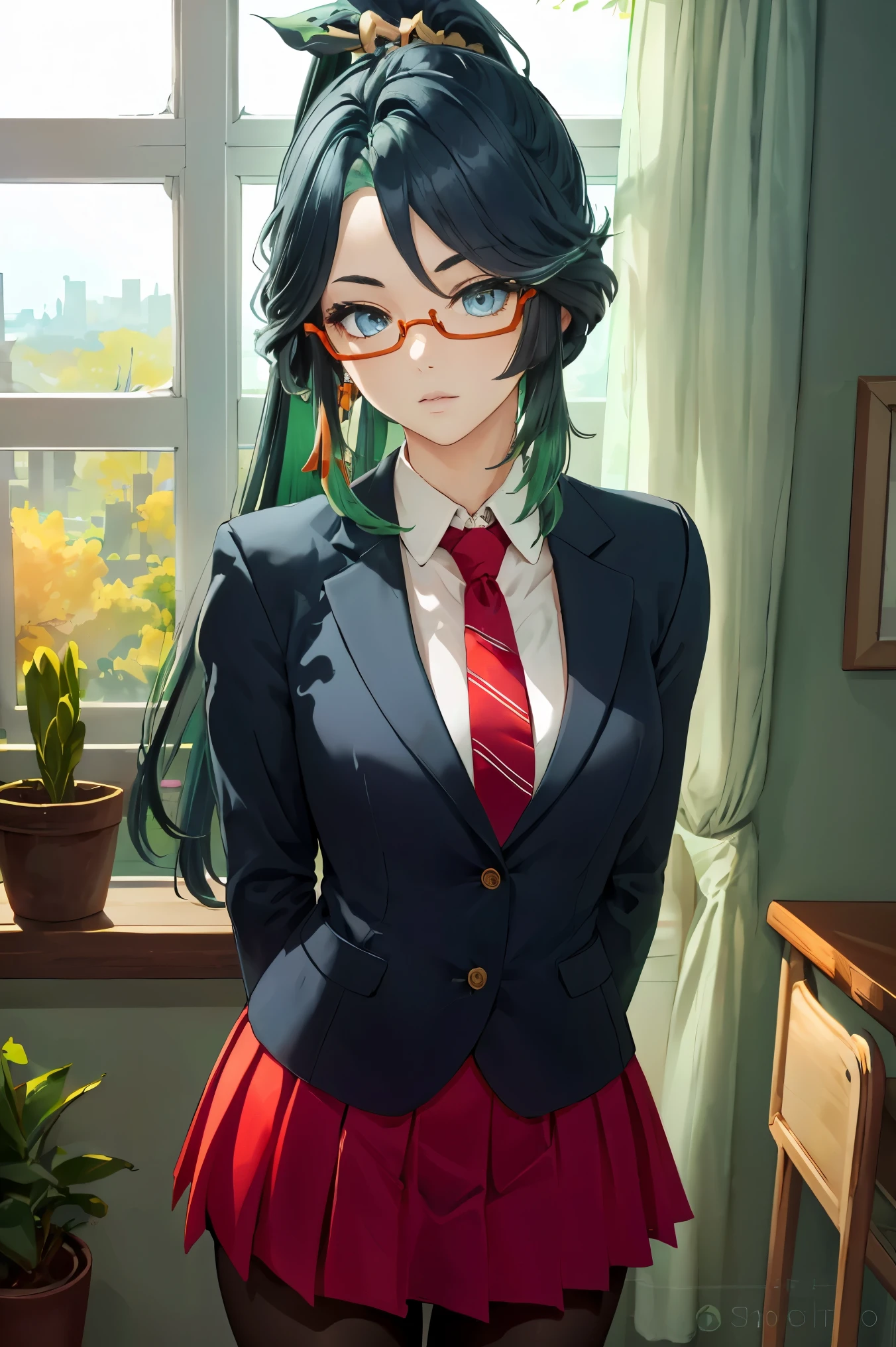 (masterpiece, best quality), 1girl, xianyun, glasses,ponytail, red-framed eyewear, under-rim eyewear,ponytail,
BREAK (school uniform, blazer, necktie, red skirt, pantyhose:1.2),
BREAK standing in a large alcove in the room , standing in front of a window ,arms behind back,
BREAK detailed background, detailed face, (frontier western theme:1.1), autumn forest background, fallen leaves,
BREAK ((top quality, 8k, masterpiece: 1.3, ultra hd, high quality, best quality, high definition, realism)), sharp focus: 1.5, Beautiful woman with Slim body, (perfect hands, perfect anatomy),