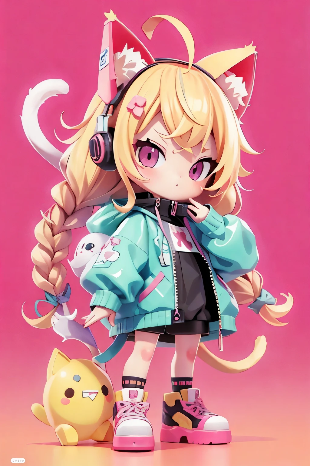 cute的女孩被透明塑料包裹着，cute、Playful、Quirky，Blonde hair with two braids，Mainly white clothing，Pink accents，Wearing cat ear shaped headphones。She has a laser gun in her hand，Jumped up and took a fighting stance, chibi,  Candy colors, Simple bright background, 3D toys, cyberpunk style, European and American cartoon style， Cinema 4d, octane rendering, 3d model, Collectible Toys,Nendoroid,Street style,Pixar,big shoes , fashion, close up, Whole body--AR 3:4 --q 2 50 --niji 5 --niji 6 --s 100 --style expression--s 2