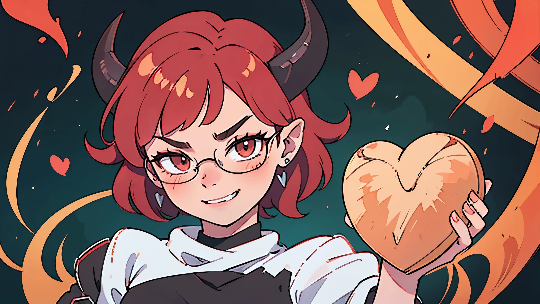 best god quality, Ultra-detailed, perfect Anatomy, 1 girl, pale skin, red hair, short hair, dark amber eyes, (red hair + short wavy hair*1.2), small horns on forehead, small horns, oni horns, small breasts:1.2, she's wearing a black outfit, dark outfit, a black choker with a heart, hear-shaped earrings, square glasses, nerdy and cute, she's looking at the viewer, she is laying down, she is resting, smug smile, sharp teeth, fang teeth, smug expression, blushing