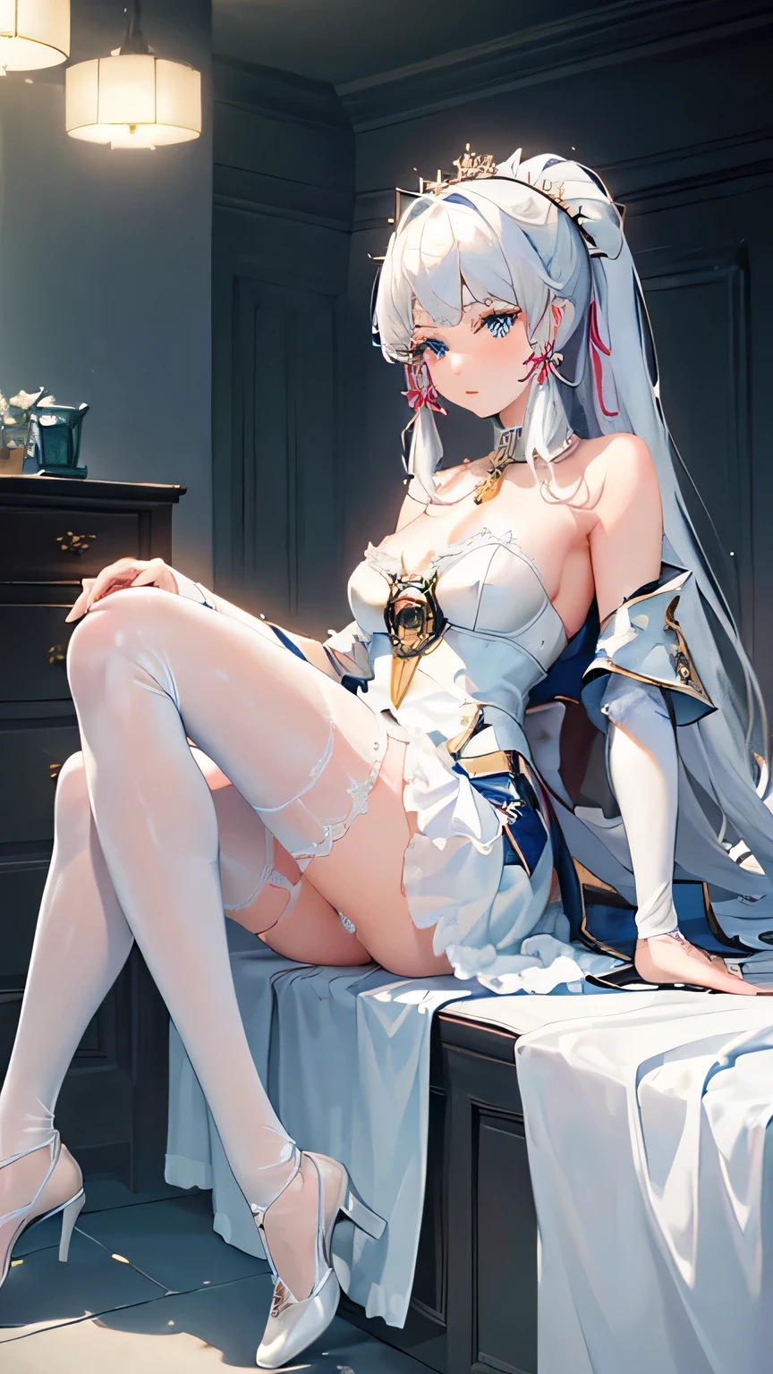 ((beautiful lighting, Best quality, 8K, Masterpiece: 1.3)), 1girl, Perfect body beauty: 1.4, elegant, Sweaty + wet skin,((white hair)), (White dress: 1.4), (Bathing gown), (Over the knee white stockings: 1.5), (white elegant sofa), Soak, Super Fine Face, ((panties under dress)), lingerie, dancing in a salon
