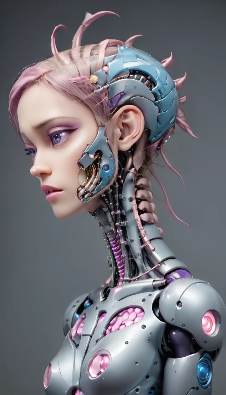 jessicagraham, (Complex Professional 3D rendering:1.3) of (Ultra detailed:1.3) side profile, xray diagram deconstruction of a cyborg brain to machine interface, extended neck, glowing lights, Highly detailed, Depth, Many parts, Lumen render, 8k x-ray style translucent bald head, clear skin, synthetic bone, purple pink and blue Xray style on a grey background covered in geometric patterns,CGSociety,ArtStation