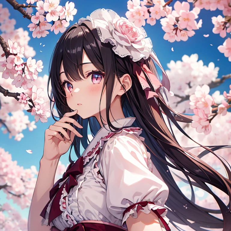super high quality, cute woman, 8K, evening、sweet lolita、When I look up at the sky fluttering in the wind, Admire the cherry blossoms in full bloom. BREAK Those eyes seem to be gently touching the petals of cherry blossoms,bouquet
.