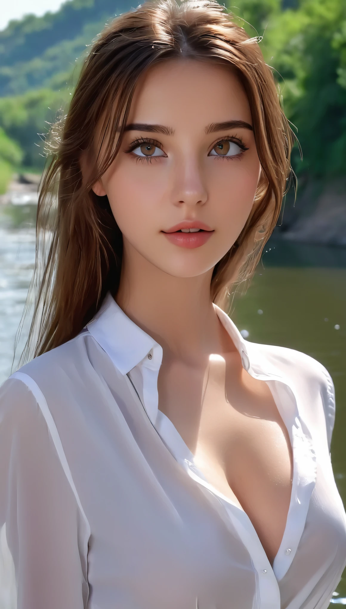 (Best quality), (Realistic), 4k, nude Beautiful 18 years girl, detailed eyes, long brown hairs, perfect beautiful slim body, natural skin, nude perky big breasts, cute beautiful woman face, sexy, office clothes, white blouse, the river