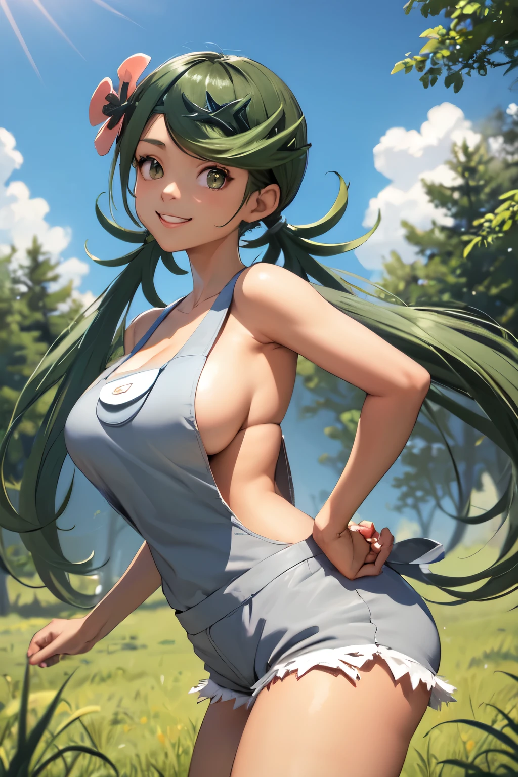 masterpiece, best quality, defmallow, twintails, hair flower, hair ornament, grey overalls, sleeveless, grey shorts, upper body, looking at viewer, smile, forest, blue sky, tall grass, cowboy shot, dark skin, large breasts, sideboob, cleavage, seductive smile