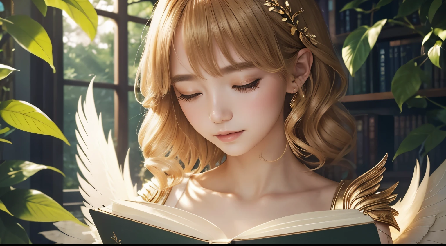 (Beautiful plumage)、A beautiful fairy with wings、午後のlibrary、sunlight filtering through the foliage、((On your back))、(Sleeping)、Upper body、close up of face、champagne gold hair、bangs、Lustrous lips、Beautiful eyelashes、library、Book、high resolution、mysterious、high resolution