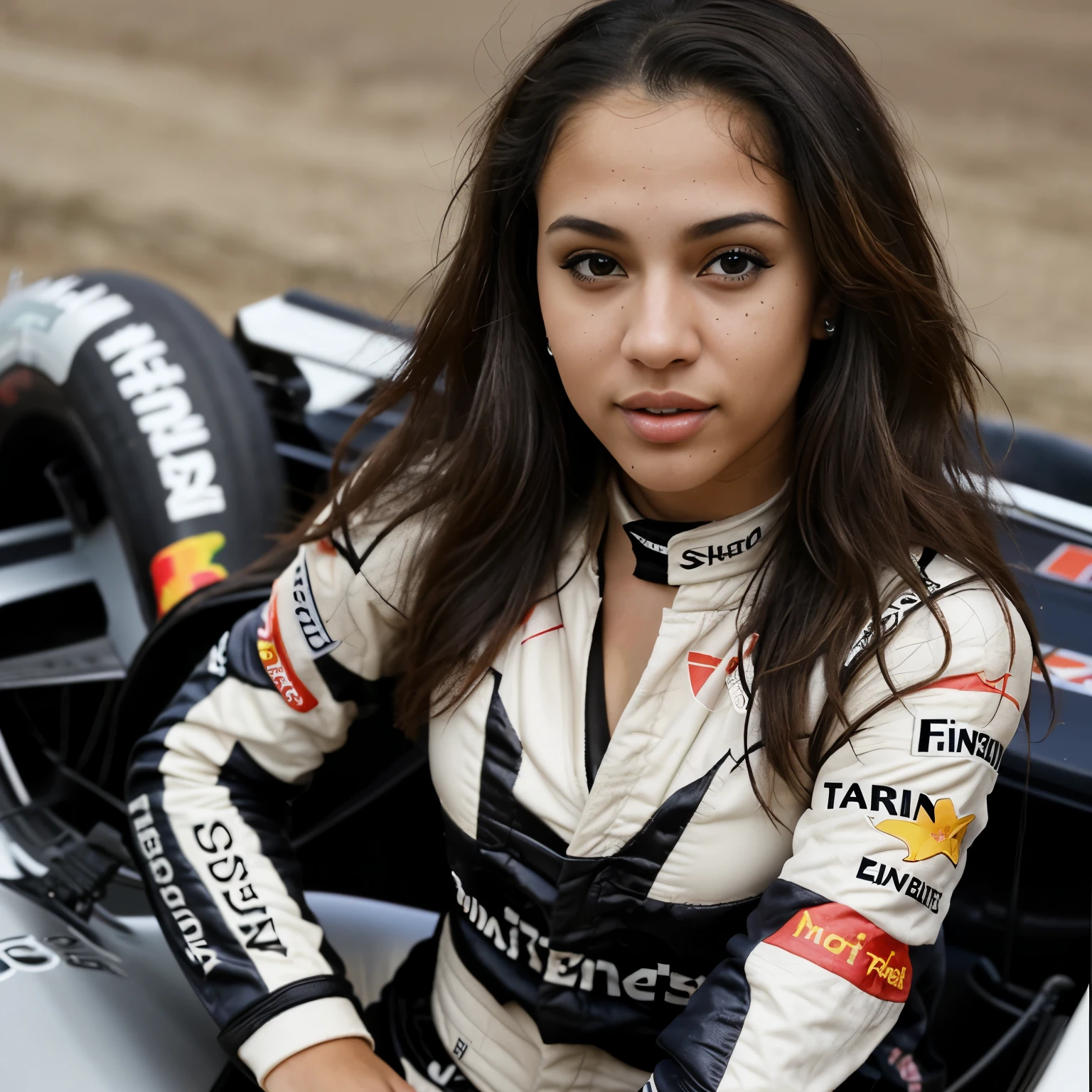 Mixed sexy girl as a formula 1 driver