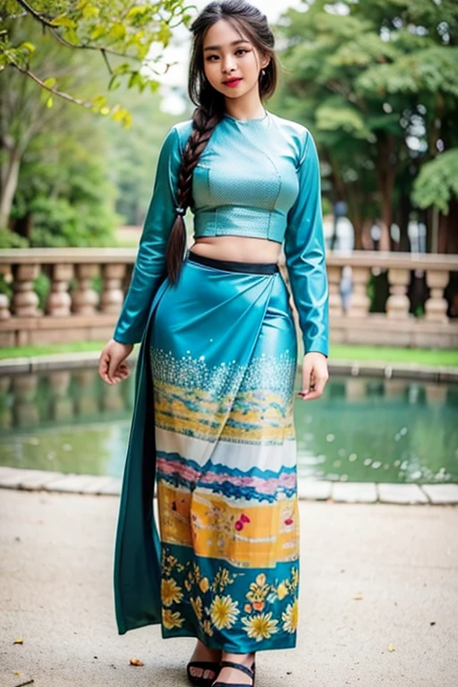 A girl's beautiful body beauty (long hair braided) cartoon anime watercolor painting, Burmese girl , popular on the painting; 8k craft Good detail, full of colors, Intricate detail; Golden ratio high hips, attractive figure illustration, (acmm ls wearing, acmm top, dark green acmm top, long sleeve, acmm long skirt, dark blue acmm long skirt, printed skirt)