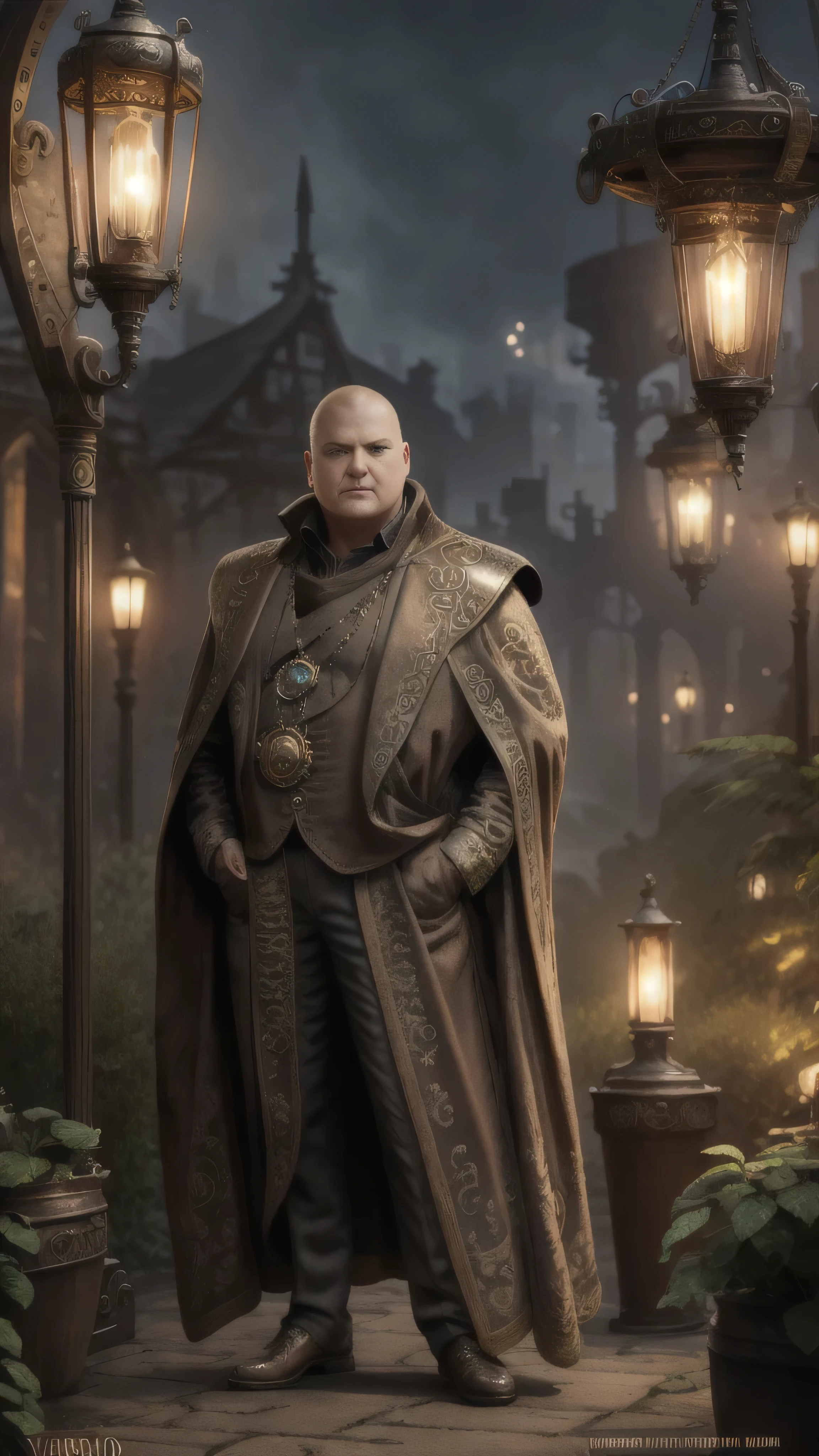 steampunkai, Lord Varys_l0r4va, (steampunk golden robe), steampunk slippers, standing in a steampunk garden, 1man, solo, beautiful detailed glow, detailed, cinematic light, intricate detail, realistic, highres, detailed facial features, high detail, sharp focus, smooth, aesthetic, extremely detailed, stamp, octane render